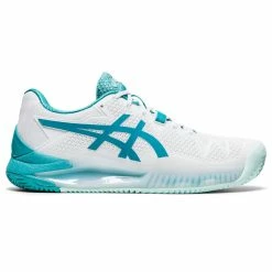 Asics Gel Resolution 8 Women's Clay Court Tennis Shoe (White/Light Blue)